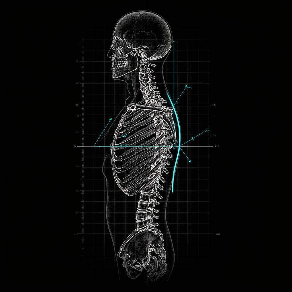 Anatomical study of a human spine showing postural deviation vectors